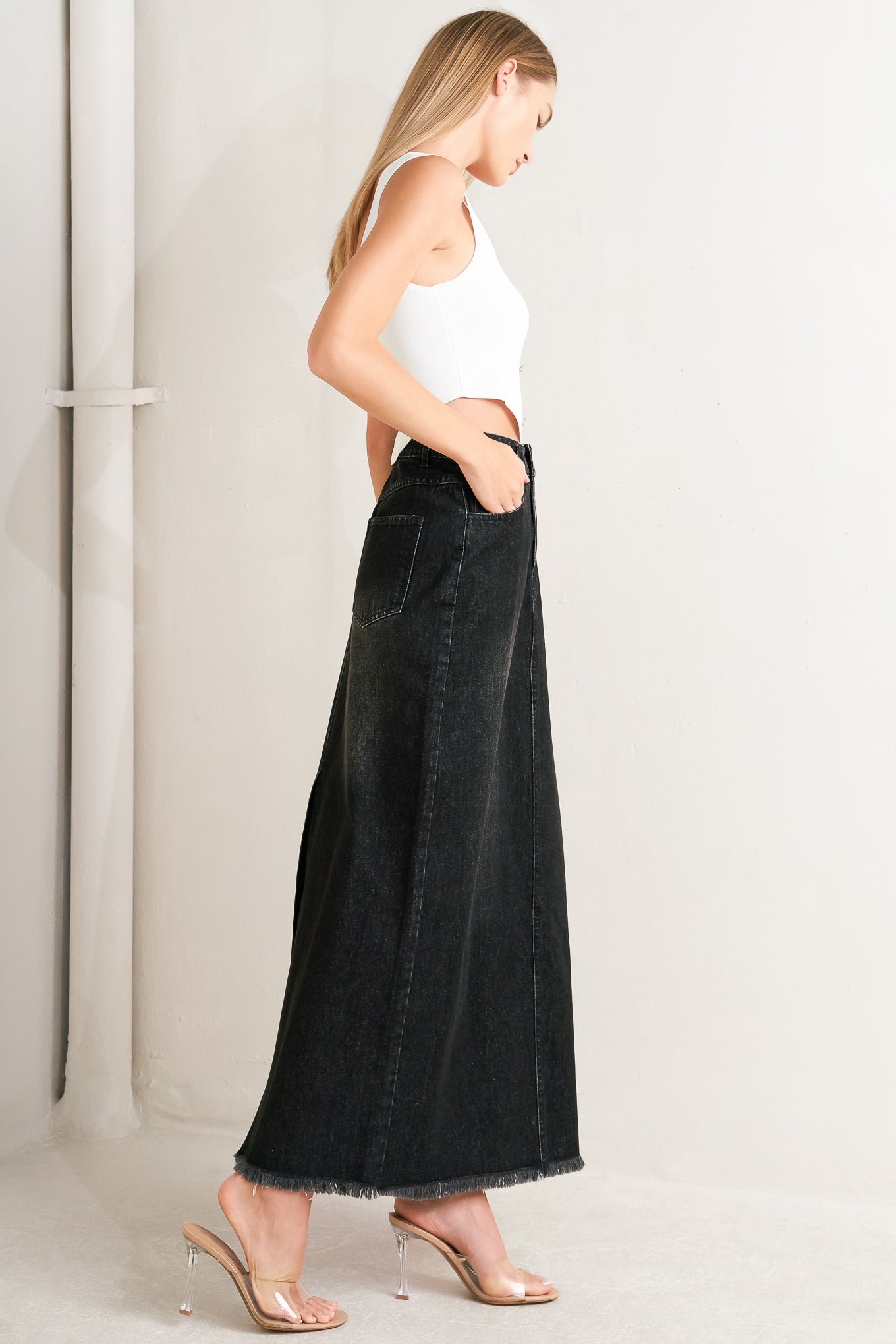 Talk About Beauty Denim Midi Skirt Frayed Hem Front Closure Flying Tomato